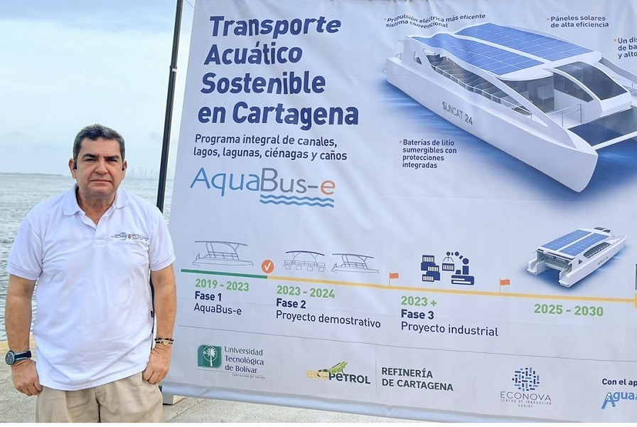 Foto del Director de la Agencia Nacional Digital, César Augusto Amar frente a una valla alusiva a transporte acuático sostenible.